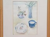 a picture of a painting of flowers in a vase and a plate