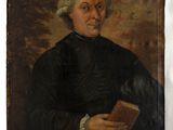 un vieux tableau représentant un homme tenant un livre entre ses mains
