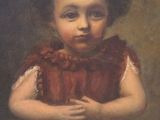 painting of a little girl in a red dress holding a teddy bear