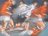 a painting of a group of people riding a bike