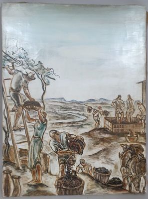 tableau représentant un groupe de personnes travaillant dans un champ en compagnie d'animaux