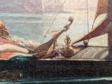 an oil painting of a man laying on a boat in the water