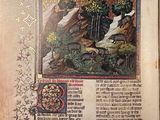 an old book with a picture of a waterfall in the middle of it