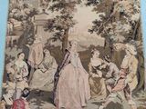 a tapestry with a picture of a group of people in a park