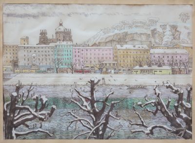 tableau représentant une vue d'une ville en hiver, avec de la neige au sol