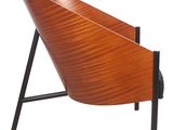 an image of a wooden chair with a black metal frame