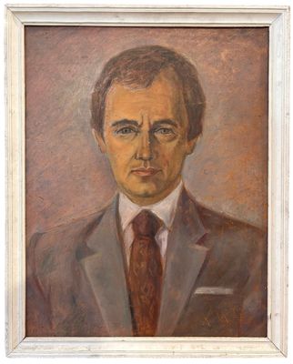 painting of a man in a suit and tie in a white frame
