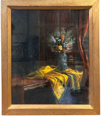 a painting of a vase of flowers on a table