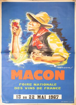 affiche représentant un homme tenant un verre de vin devant un fond bleu