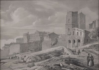 dessin représentant un vieux château avec des personnes marchant sur un chemin de terre