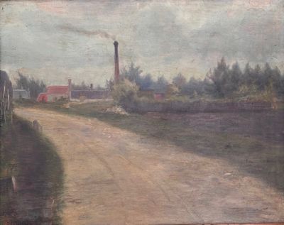 tableau représentant un chemin de terre avec un phare au loin