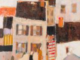 une peinture à l'huile représentant une rue de la ville avec des passants marchant sur le trottoir