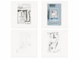 quatre dessins représentant une femme assise sur une chaise devant une fenêtre