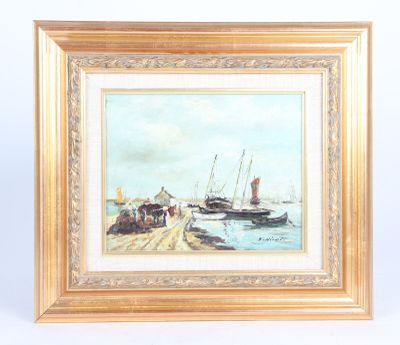 an oil painting of boats on the water near a pier