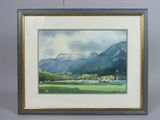 aquarelle représentant un paysage avec des montagnes en arrière-plan