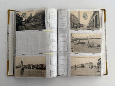 un livre ouvert avec des photos de personnes et de bâtiments