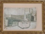 un vieux dessin représentant le plan d'une ville, dans un cadre doré