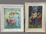 deux tableaux représentant un homme et une femme devant un immeuble