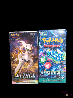 two packs of pokemon trading cards on a black background