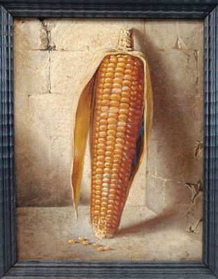 an oil painting of a corn on the cob in a black frame