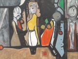 une image d'une peinture représentant un groupe de personnes devant un bâtiment