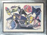 a painting of a man riding a motorcycle with a dog on the back