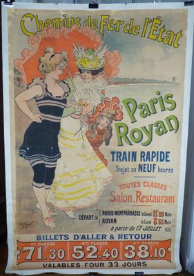Affiche publicitaire pour un trajet en train de Paris à Paris, sur les Champs de Fériat