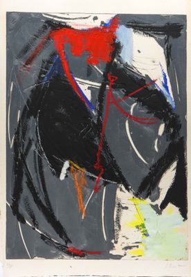 une peinture abstraite représentant un cheval, réalisée à l'aide de peinture rouge, noire et blanche