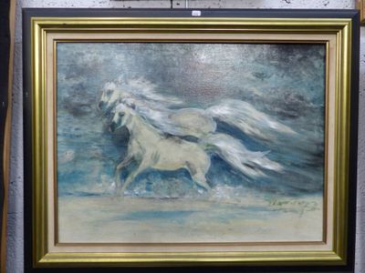 un tableau représentant un cheval blanc courant dans l'eau