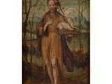 a painting of a man holding a bird in his hand
