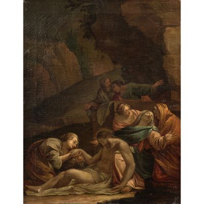 une peinture représentant un groupe de personnes dans une grotte, avec un homme allongé par terre