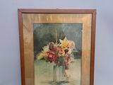 painting of flowers in a vase on a table in front of a wall