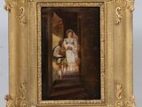 un vieux tableau représentant une femme et un enfant dans un embrasure de porte