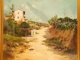 an oil painting of a dirt road with a house in the distance