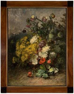 an oil painting of flowers in a vase on a table