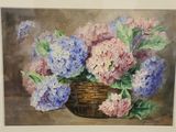 a painting of flowers in a basket on a table