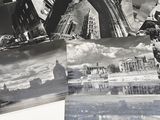 plusieurs photographies en noir et blanc d'une ville avec une tour horloge en arrière-plan