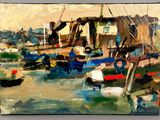 a painting of a painting of a boat in the water