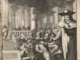 an old book with a picture of a man standing in front of a crowd of people
