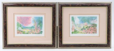 pair of two framed watercolor paintings of a garden and trees