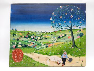 tableau représentant une femme promenant son chien sur un sentier dans un champ