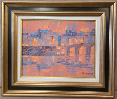 une peinture à l'huile représentant un paysage urbain, dans un cadre doré, accrochée au mur