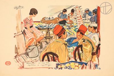 painting of a group of people sitting around a table with food on it
