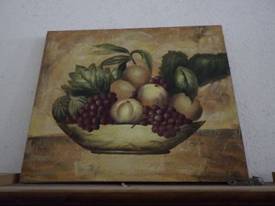 a painting of a bowl of fruit on a shelf