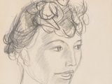 drawing of a woman ' s head with curly hair and a flower in her hair