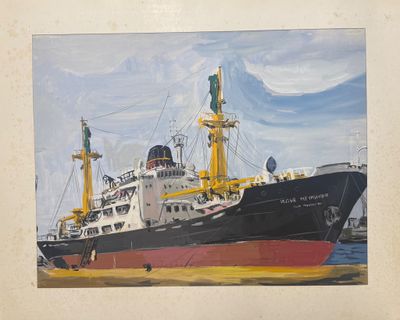 une peinture représentant un grand bateau sur l'eau