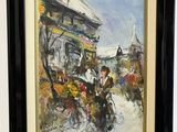 framed oil painting of a horse drawn carriage on a city street