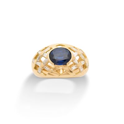 Bague “Treillis” Saphir ovale et diamants baguettes
