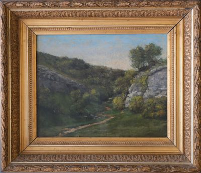 a painting of a mountain scene with trees and rocks in a gold frame