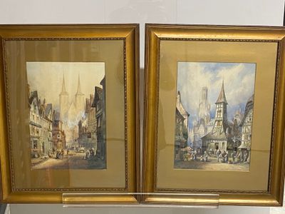 two framed paintings of a street scene with a church in the background
